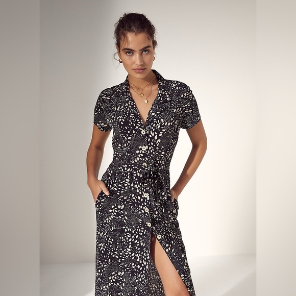 Wilfred Aritzia Button Down Collared Short Sleeve Midi Maxi Shirt Animal Dress - Picture 6 of 14